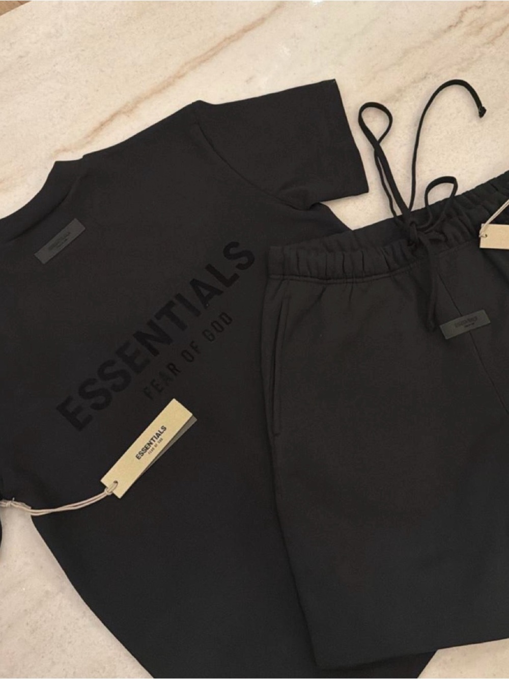 Essentials Black Logo Tee and Drawstring Sweatshorts Set